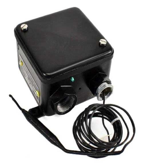Johnson Controls A28MA-1C, black electronic control box for HVAC systems with wiring and connectors.