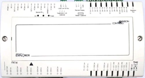 Johnson Controls LP-FX14D24-000C, HVAC control panel for climate control system with various input and output terminals.