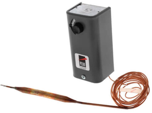 Johnson Controls A19ABC-4, electrical control device with a gray rectangular box and connected copper wire.