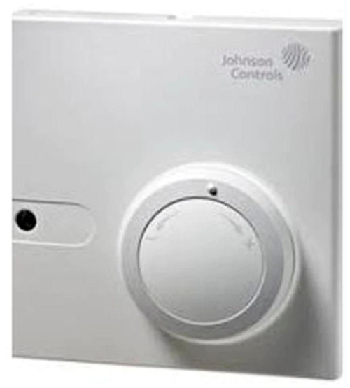 Johnson Controls NS-ATP7001-0, electronic control panel with dial and indicator light, white color, used for HVAC system automation.