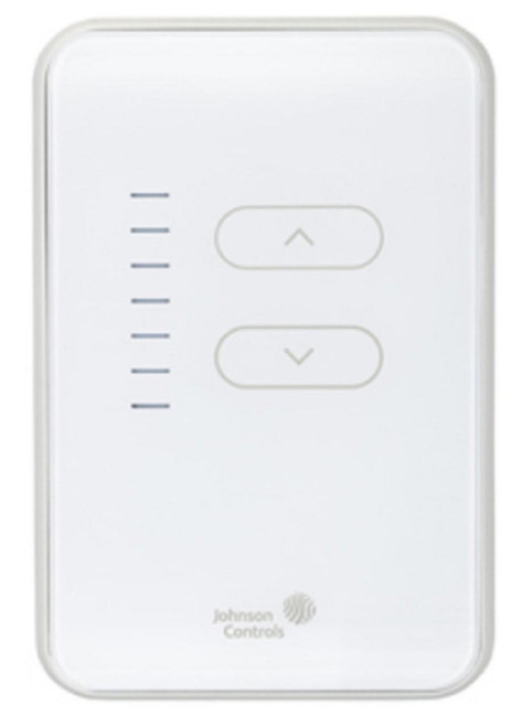 Johnson Controls NS-B8BHN140-0, white wall-mounted thermostat with up and down buttons for temperature control.