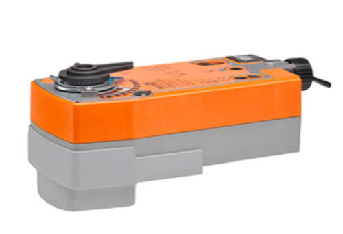 Belimo AFRX24-MFT, industrial actuator with orange top cover and gray base for HVAC systems.