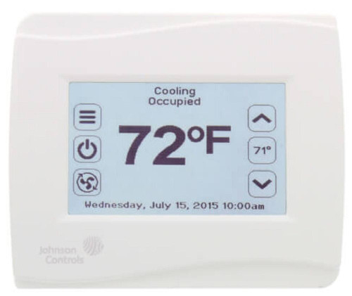 Johnson Controls TEC3630-00-000, digital thermostat with display showing 72°F, controls for temperature adjustment, power, and fan functions.