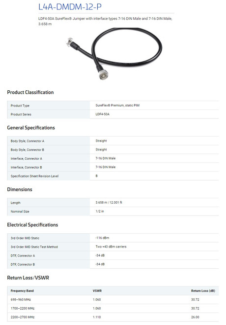 CommScope L4A-DMDM-12-P LDF4-50A SureFlex Jumper 7-16 DIN Male, 12ft [New]