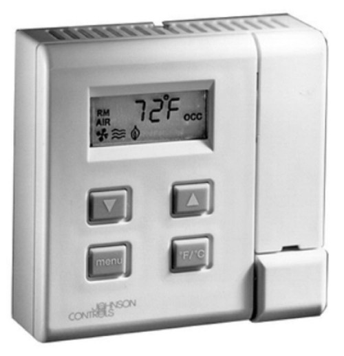 Johnson Controls AP-TMZ1600-0, digital thermostat with display showing 72°F, control buttons for temperature adjustment and mode settings.