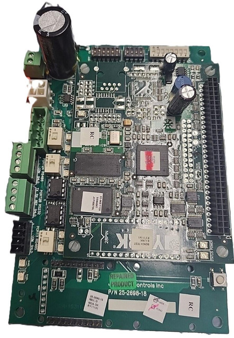 York Controls 25-2698-18, industrial electronic circuit board with various capacitors, chips, and connectors.
