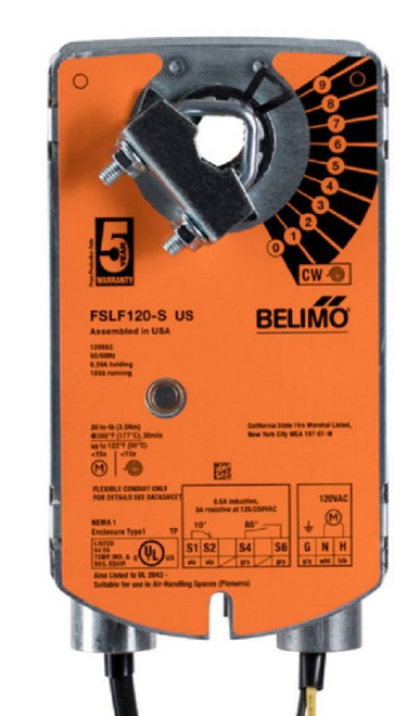 Belimo FSLF120-S US, industrial electronic actuator for HVAC damper control with orange and black labeling and wiring connections.