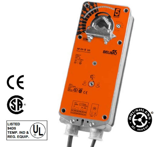 Belimo AF24-S US, industrial damper actuator with orange weatherproof enclosure and manual adjustment knob.