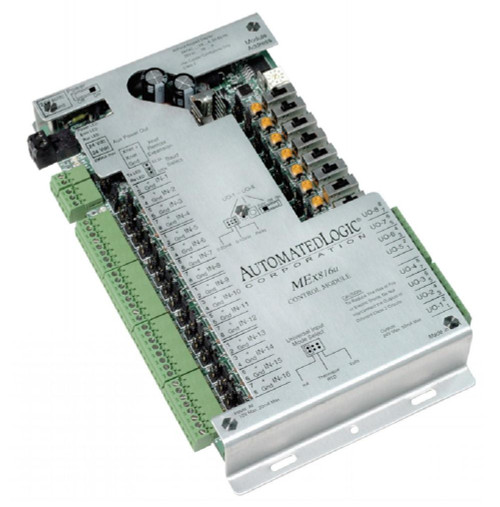 Automated Logic MEx816U REFURBISHED, control module with multiple input/output terminals and electronic components.