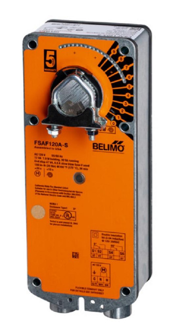 Belimo FSAF120A-S, product image of an electric damper actuator with an orange and black exterior, precision dial, and mounting points for HVAC damper control.