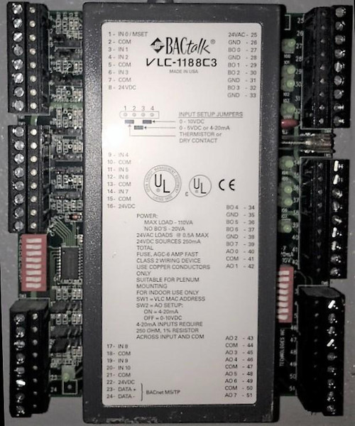 Alerton VLC-1188C3 Refurbished, industrial control module with multiple terminal connections and labels, manufactured by BACtalk.