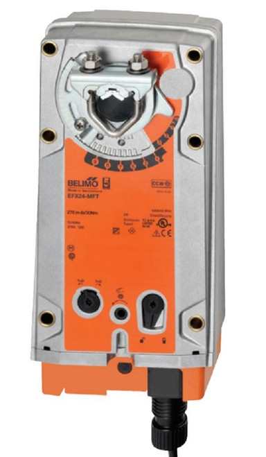 Belimo EFX24-MFT, industrial actuator with adjustable control dial and wiring connections.