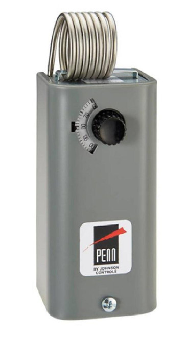 Johnson Controls A19BAF-1C, industrial temperature control device with a dial and a coiled sensor on top.