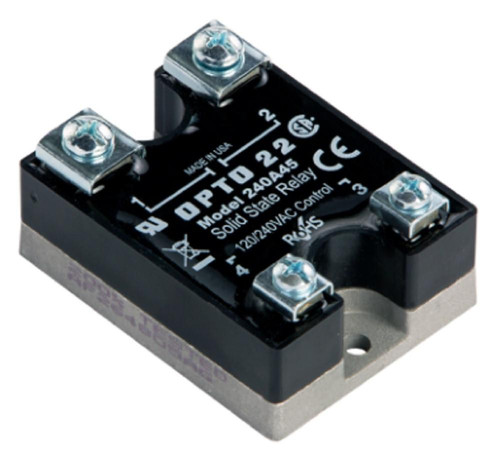Opto 22 240A45, solid state relay product with black casing and metallic connections for industrial automation.