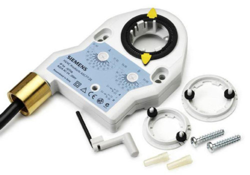Siemens ASC77.2U, electrical dosing pump and accessories for precise fluid control, with mounting rings and mounting screws.