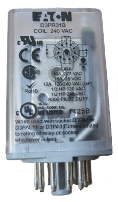 Eaton D3PR31B General Purpose Plug-In Relay, 11 Pins, 3PDT [New]