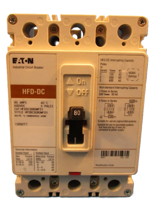 Eaton HFDDC3080WF01 Circuit Breaker, 80A, F-Frame, 3-Pole [New]