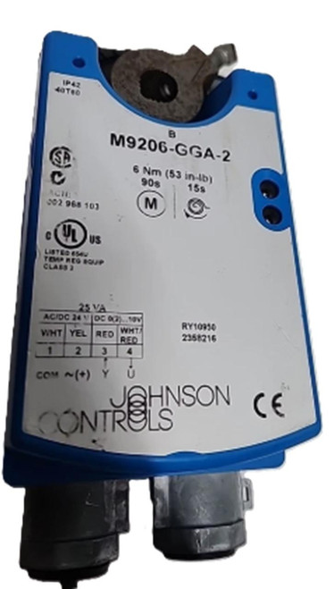 Johnson Controls M9206-GGA-2, industrial electrical limit switch with blue and white housing, label with specifications and certifications, used in HVAC and automation systems.