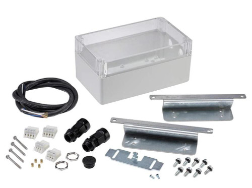 Johnson Controls electrical enclosure and accessories kit, containing a clear plastic box, wiring, brackets, screws, and connectors for electrical installation