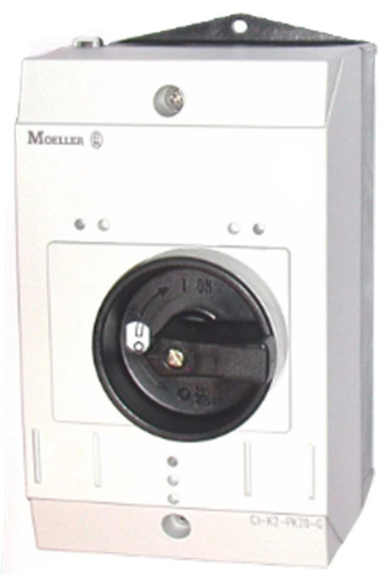 Eaton electrical switch, a white electrical device with a black rotary switch for controlling power.