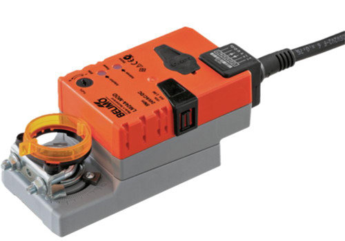 Belimo Product, industrial automation solenoid valve actuator with orange and gray housing and electrical wiring connection.