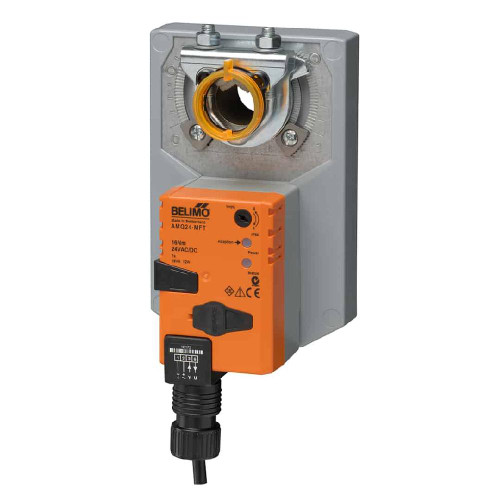 Belimo actuator, industrial electrical valve actuator with orange control module and metallic mounting base.