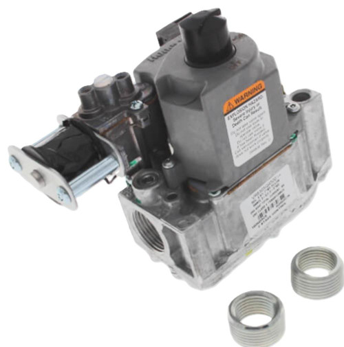 Honeywell product, industrial valve with gray and black components and two silver fittings.