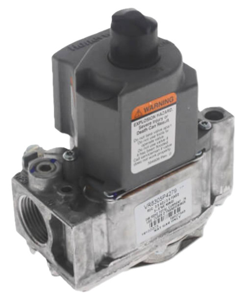 Honeywell pressure control valve, industrial safety valve with warning label and metallic body.