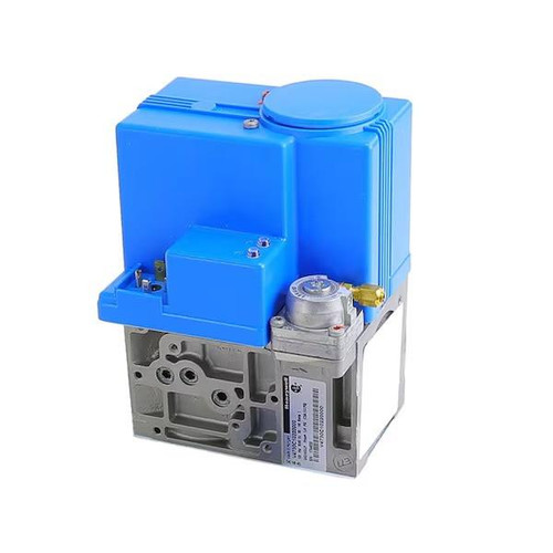 Honeywell product, blue electrical device with metal components and a yellow valve.
