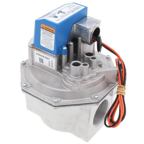Honeywell valve actuator, industrial control valve with blue electronic component and orange and black wiring.