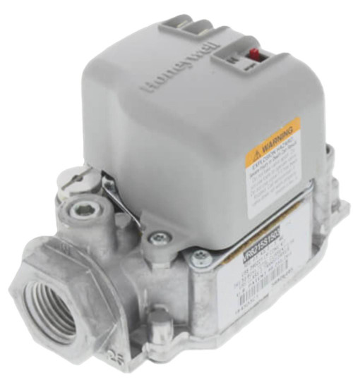 Honeywell gas control valve, a metallic device with a gray electrical component on top and threaded openings for pipeline connection.