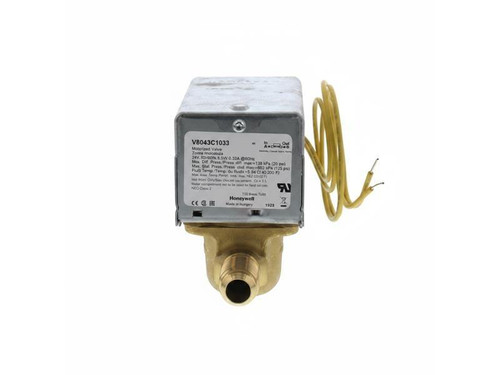 Honeywell, motorized valve for water control with wiring and brass valve body.