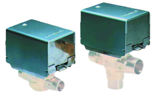 Honeywell solenoid valve, black rectangular solenoid with metal pipe connector for controlling fluid flow.