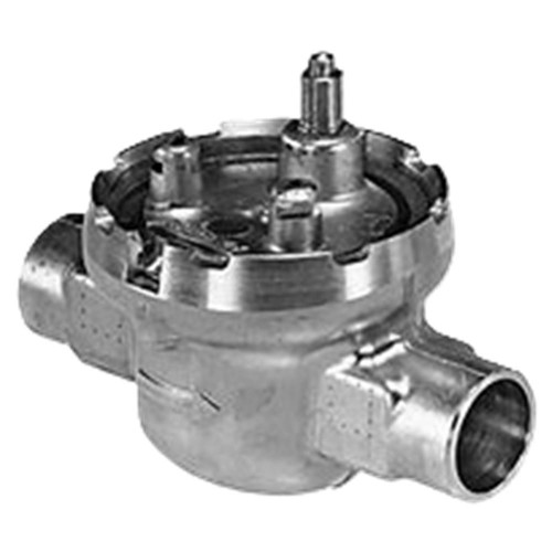 Honeywell product, metallic industrial component with multiple openings and a central shaft.