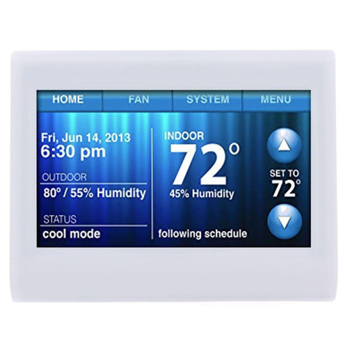 Honeywell digital thermostat, touchscreen display showing indoor temperature, humidity, and outdoor conditions