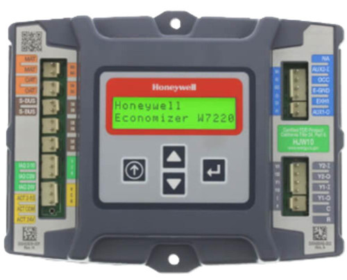 Honeywell, Economizer W7220 electronic control panel with display showing model and brand name.