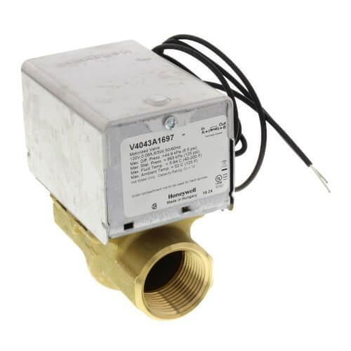 Honeywell Valve, electrical actuator valve with wiring and brass pipe fitting.