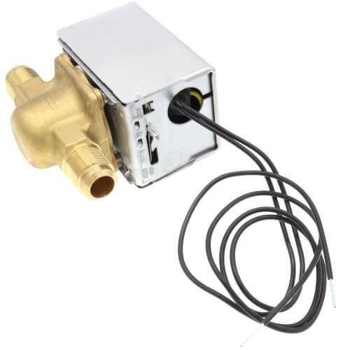 Honeywell product, a brass valve with attached sensor and wiring for temperature regulation.