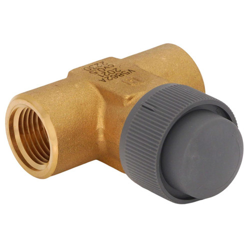 Honeywell Valve, brass plumbing valve with gray plastic cap for controlling water flow.