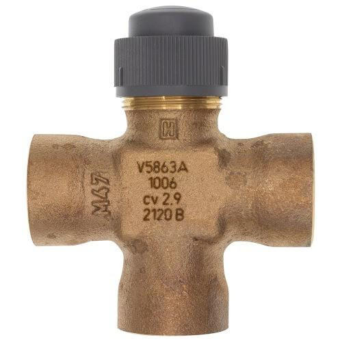 Honeywell product, brass pressure reducing valve with gray adjustment knob and labeled specifications.