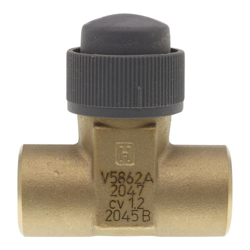 Honeywell, brass water flow control valve with black plastic adjustment knob.