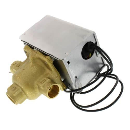 Honeywell product, mechanical device with a brass valve and an electrical metal casing with wires for electronic connection.