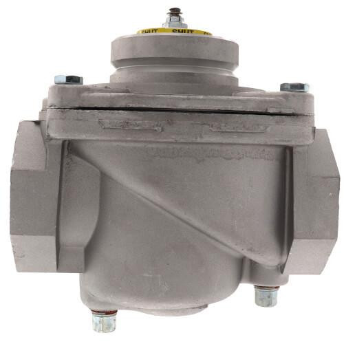 Honeywell industrial valve, grey metal valve with multiple bolts and a yellow warning label.