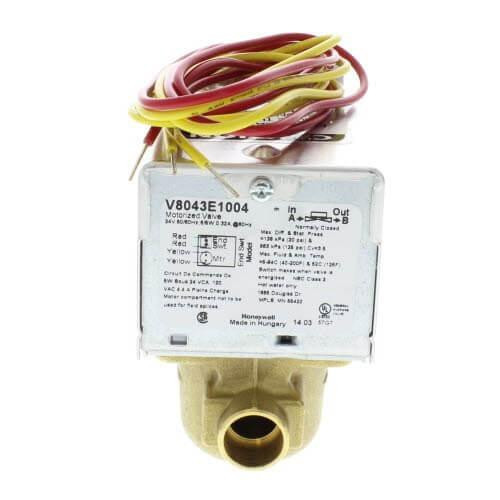 Honeywell product, electronic valve with multiple colored wires and label details.