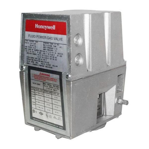 Honeywell Fluid Power Gas Valve, industrial metallic control device with labels and warning notices.