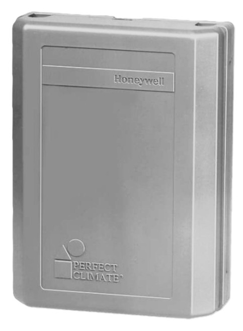 Honeywell, weather control device in a gray plastic casing with brand and product labels.