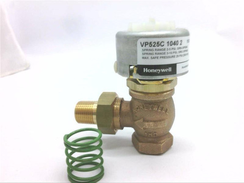 Honeywell pressure relief valve and regulator, industrial grade brass component with spring, used for controlling fluid pressure.