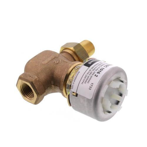 Honeywell product, a brass pressure relief valve with white plastic component and a black and white label