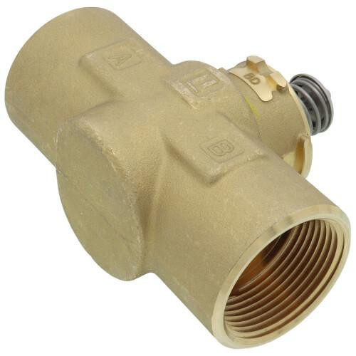 Honeywell, brass plumbing valve with threaded openings and a small control knob for water flow regulation.