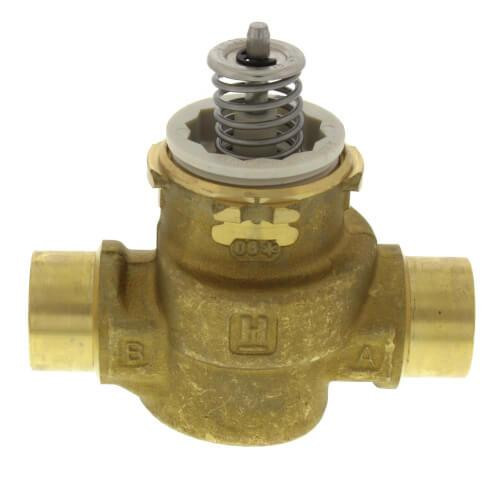 Honeywell Thermostat Valve, Brass water control valve with metal spring and plastic adjustment component.